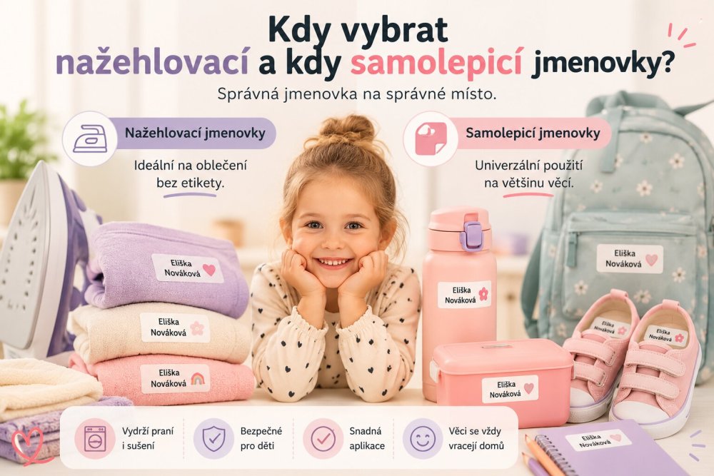 Kdy vybrat nažehlovací a kdy samolepicí jmenovky?